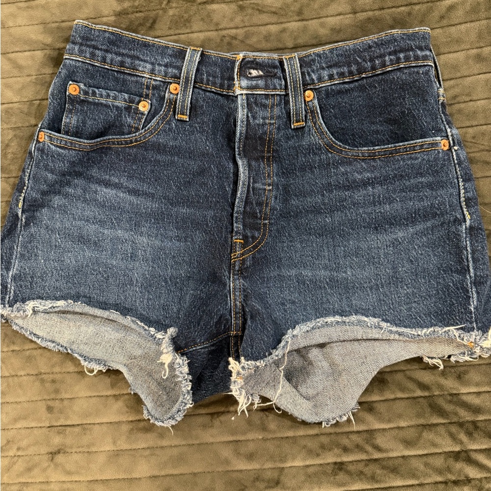 Levi's Dark Blue Frayed Hem Denim Shorts